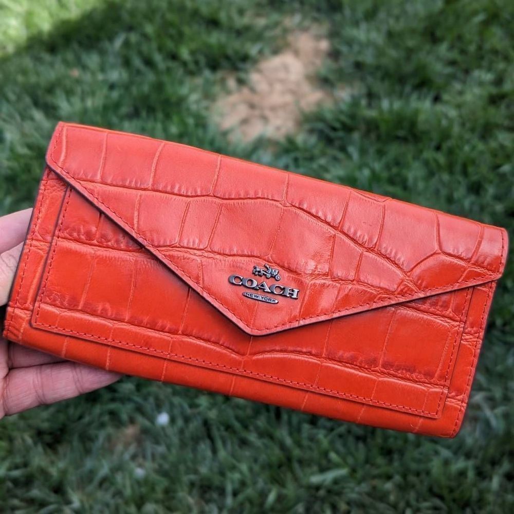 Coach Crocodile Embossed Leather Soft Wallet In Deep Coral (58047)